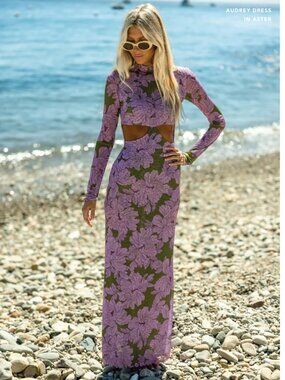 RESA x the Salty Blonde - Audrey Cut Out Long Sleeve Maxi Dress in Aster
